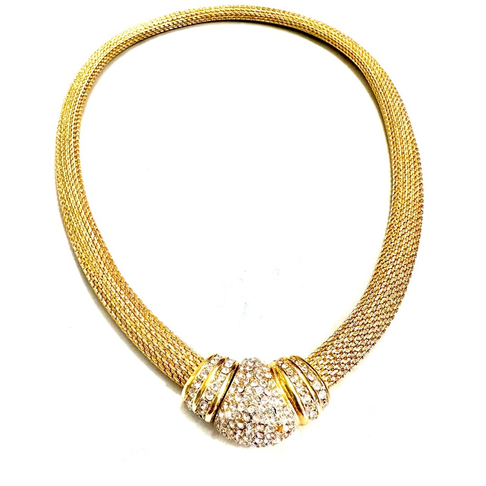 Christian Dior Gold Mesh & Pave Rhinestone Hidden Clasp 17" Signed Necklace